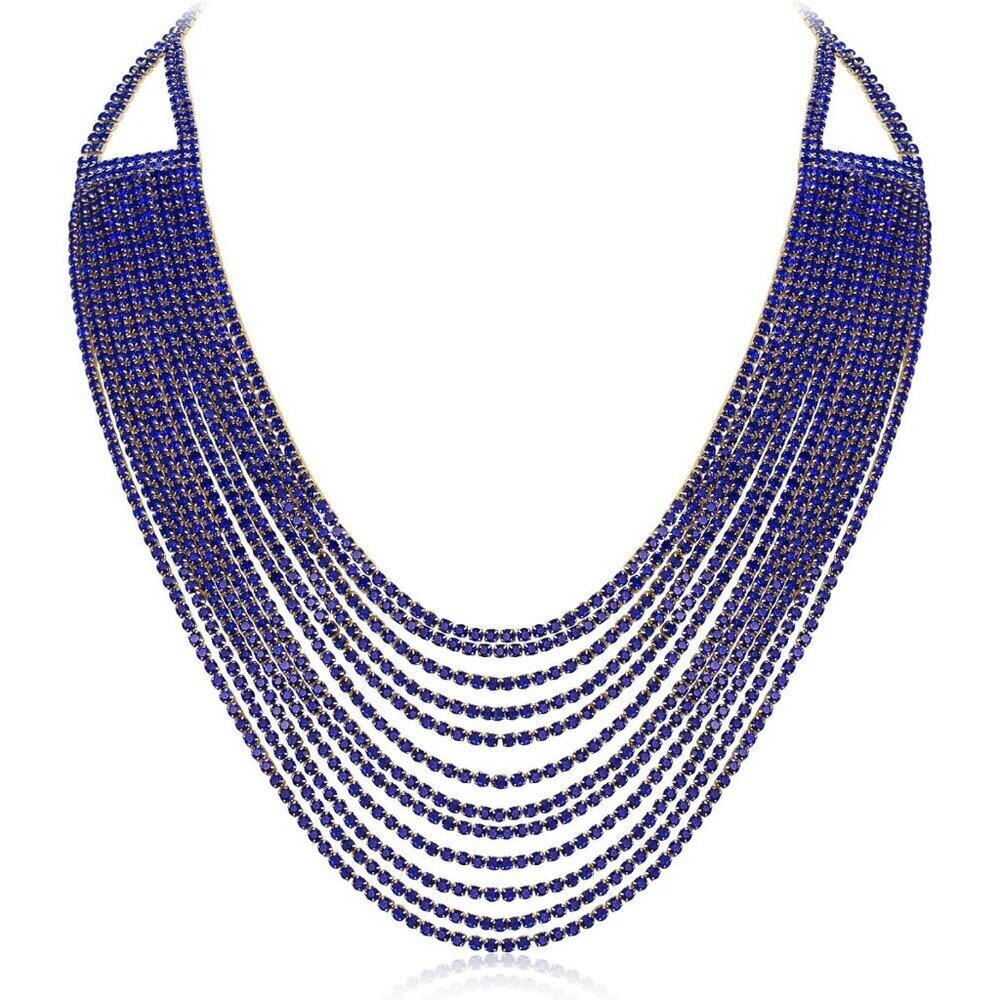 🆕 Women Blue Multi Layered Chunky Collar Necklace Glitter Rhinestone Jewelry